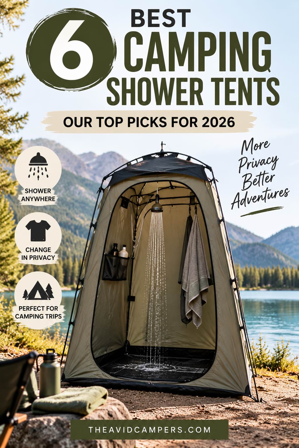 Pinterest graphic for 6 best camping shower tents featuring a portable shower tent at a mountain campsite