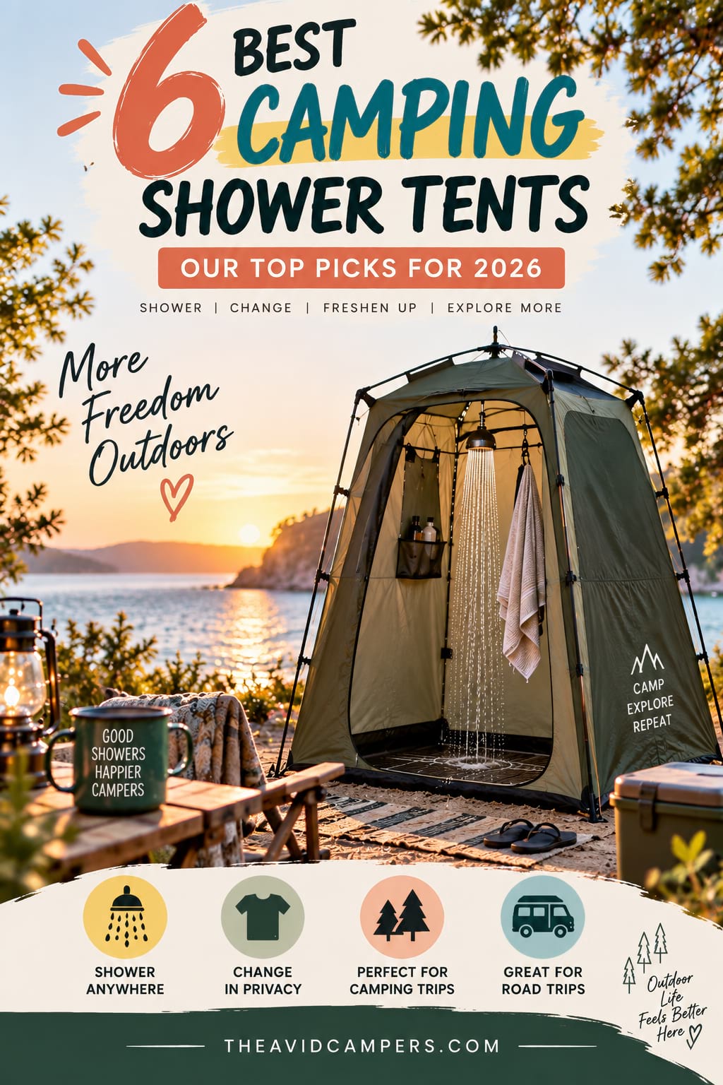 Pinterest graphic for 6 best camping shower tents featuring a portable shower tent at a mountain campsite