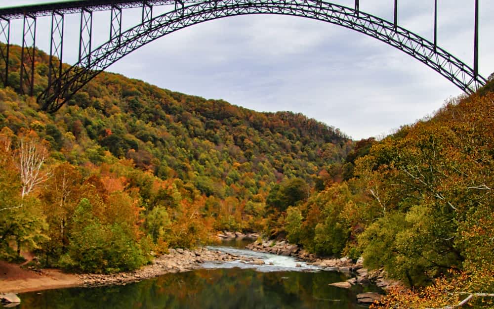 Breathtaking autumn scene of New River Gorge Bridge with vibrant fall foliage and river reflection