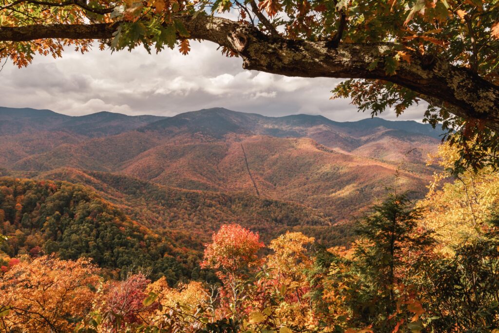 Captivating view of Smoky Mountains with vibrant fall foliage and dramatic skies