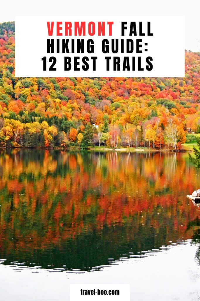 Complete Guide: Best Fall Hikes in Vermont: Red and gold hardwood forest below the cliffs of Mount Pisgah above Lake Willoughby in Vermont’s Northeast Kingdom at peak autumn color.