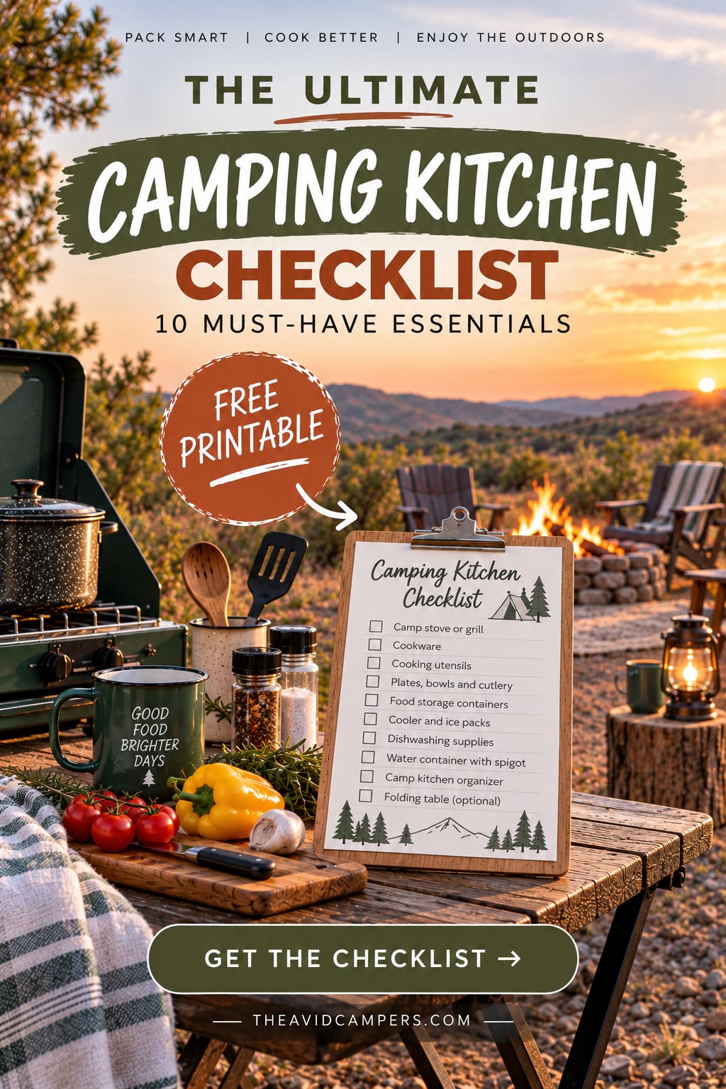 Free printable camping kitchen checklist with essential camp cooking and kitchen gear