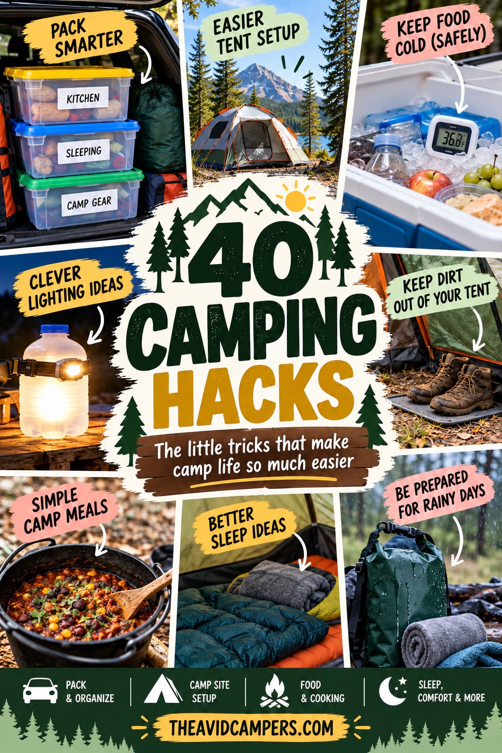 Make your next camping trip easier with these 40 practical camping hacks for smarter packing, easier tent setup, camp cooking, cooler organization, better sleep, rainy days and more. These are simple camping tips you’ll actually use, whether you’re planning a weekend camping trip or spending longer at the campsite.